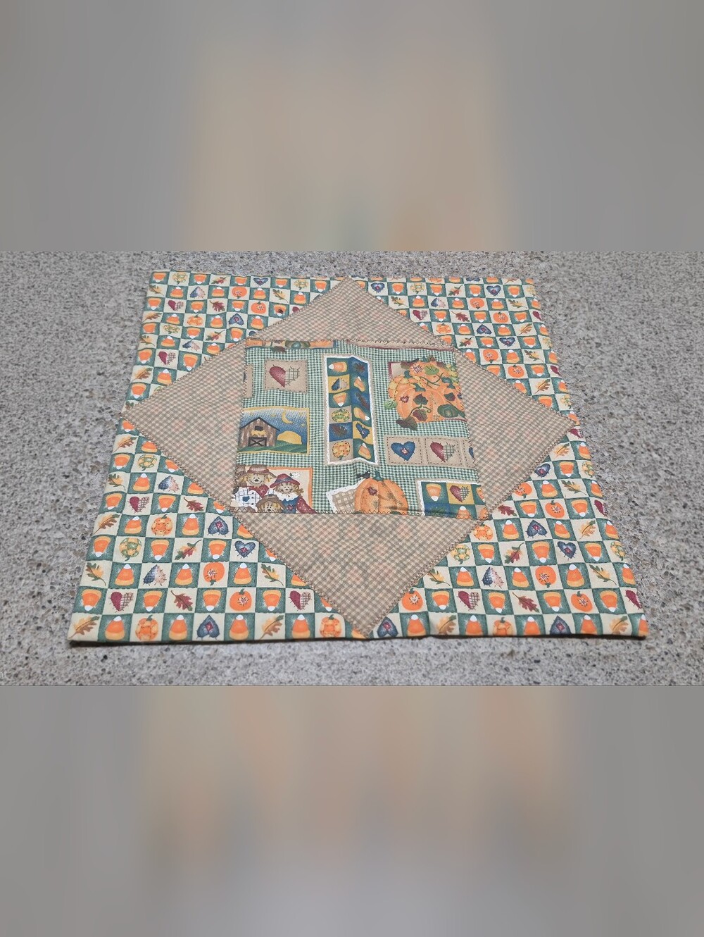 Handmade Fall Autumn Halloween Quilted Table Topper Mat Candy Corn Pumpkin 19x19